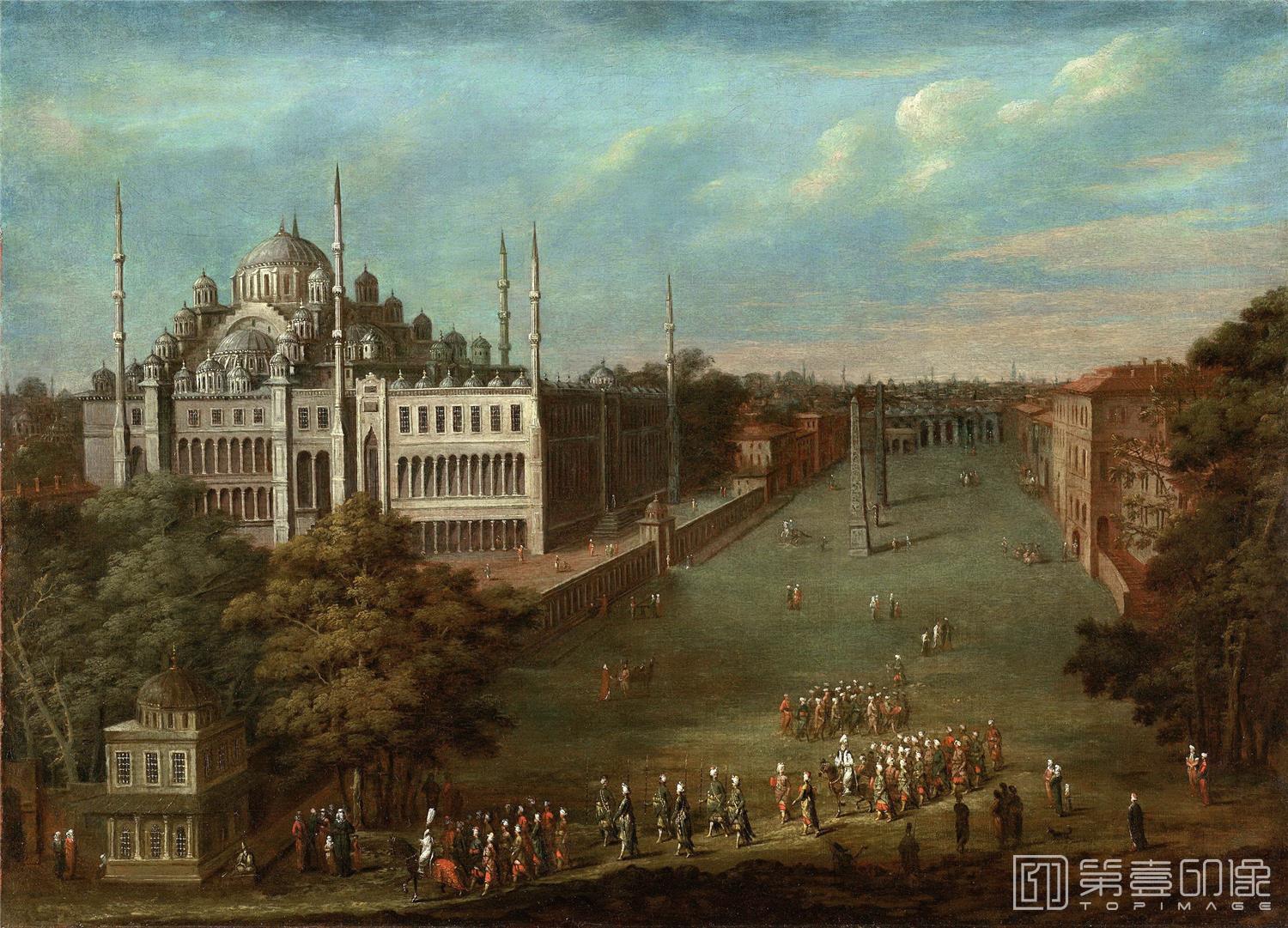 油画-荷兰阿姆斯特丹国家美术馆-Vanmour Jean Baptiste De grootvizier begeeft zich over de Atmeidan; links de Blauwe Moskee 1727-1737-1712